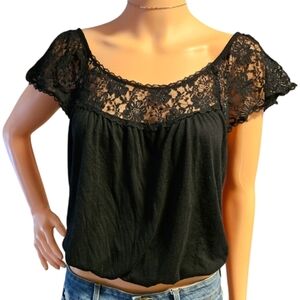 Womens y2k Lace Sleeve Tee w/Smocked Waist Sz M 2000s Fairygrunge Whimsigoth